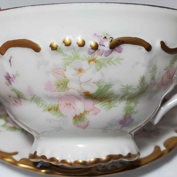 Golden Crown Teacup and Saucer Pink Purple Flowers Western Germany Vintage - Picture 2 of 10